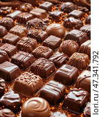 On December 28, lovers of sweets celebrate a delicious and aromatic holiday - Chocolate Candy Day. Chocolate candies are a favorite treat since childhood. Стоковое AI-изображение, AI-художник Сергей Елизарьев / Фотобанк Лори