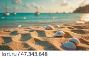 Waves lap against sandy beach scattered with seashells during golden hour at a tranquil coastal location. Стоковое AI-изображение, AI-художник Сергей Толмачёв / Фотобанк Лори