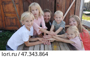 A friendly family joins their hands as a sign of joint success. Стоковое фото, фотограф Mikhail Davidovich / Фотобанк Лори