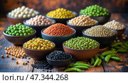 Colorful variety of legumes and pulses arranged in bowls on a rustic wooden surface highlighting their textures and colors. Стоковое AI-изображение, AI-художник Сергей Толмачёв / Фотобанк Лори