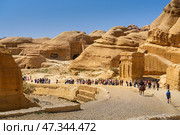 Petra, Wadi Musa, Jordan - Mar 06 2023, panoramic view of Siq Gorge canyon sandstone cliffs and rocks at daytime, Petra. Wadi Musa, Jordan. Редакционное фото, фотограф Сергей Богомяко / Фотобанк Лори