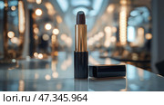 Luxury lipstick displayed on a glossy surface in a modern beauty salon. Роскошная губная помада на глянцевой поверхности в современном салоне красоты. Стоковое AI-изображение, AI-художник Katsiaryna Repich / Фотобанк Лори