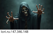 A dark figure wears a flowing robe and reveals a grim skeletal face, reaching out with bony fingers in an eerie setting filled with shadows. A chilling atmosphere permeates the air. Стоковое AI-изображение, AI-художник Sergey Grishin / Фотобанк Лори