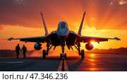 Two military pilots stroll hand in hand toward an F/A-18 Hornet, set against a vibrant sunset on a runway, ready for a training session. Стоковое AI-изображение, AI-художник Sergey Grishin / Фотобанк Лори