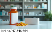 A bright pharmacy displays a prescription medication bottle filled with yellow pills next to an empty white box, emphasizing the pharmaceutical atmosphere. Стоковое AI-изображение, AI-художник Sergey Grishin / Фотобанк Лори