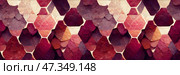 Abstract panoramic background. A colorful mosaic pattern of a variety of geometric shapes and polygons in shades of burgundy and mauve. Wide texture background with seamless pattern. Generative AI. Стоковое AI-изображение, AI-художник Андрей Степанов / Фотобанк Лори