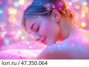 Счастливая расслабленная девушка отдыхает после массажа. Спа-процедуры, массаж, концепция красоты и ухода. Стоковое AI-изображение, AI-художник Щеголева Ольга / Фотобанк Лори