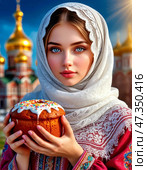 A beautiful young girl holds a consecrated Easter cake in her hands. Easter cake is part of the Easter meal. Easter (Bright Resurrection of Christ) is the oldest and most important Christian holiday. Happy Easter! Стоковое AI-изображение, AI-художник Сергей Елизарьев / Фотобанк Лори