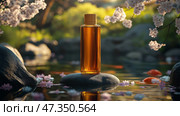 Elegant amber bottle mockup resting on stones in a serene garden pond. Элегантная янтарная бутылка покоится на камнях в безмятежном садовом пруду. Стоковое AI-изображение, AI-художник Katsiaryna Repich / Фотобанк Лори