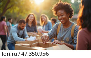 A diverse group of volunteers gathers in a park on a bright afternoon to assemble care packages. They work together, smiling and sharing moments of camaraderie and purpose. Стоковое AI-изображение, AI-художник Sergey Grishin / Фотобанк Лори