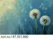 Dandelion Seeds Drifting Away in a Gentle Breeze on a Serene Blue Background. Стоковое AI-изображение, AI-художник Юлия Гапеенко / Фотобанк Лори