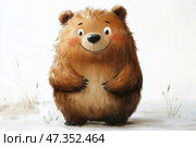 A charming cartoon teddy bear standing against a light winter landscape. He has fluffy brown fur, a round body, cute ears and big kind eyes. He smiles slightly, looking straight at the viewer, and his cheeks are rosy from the cold. The bear looks very friendly, as if he just stepped out of a fairy tale. The background is minimalistic, with slight hints of grass and snow, which emphasizes the softness and purity of the scene. Стоковое AI-изображение, AI-художник Анна Кривицкая / Фотобанк Лори