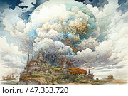 A fantastic landscape reminiscent of a watercolor illustration for a fairy tale or fantasy epic. On a high rocky shore there is a castle with many towers, surrounded by greenery and mysterious buildings. Majestic billowing clouds rise above it, as if woven into a magical sphere full of energy, color and light. The atmosphere of the painting is epic, magical, awakening the imagination. The entire space is permeated with movement, air, grandeur. Стоковое AI-изображение, AI-художник Анна Кривицкая / Фотобанк Лори