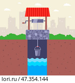 A stone country well with clean water. raise a bucket of water. flat vector illustration. Стоковая иллюстрация, иллюстратор Вячеслав Беспутин / Фотобанк Лори