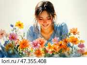 A watercolor illustration of a girl sitting among bright, multi-colored flowers. She smiles, looking down, and her expression is filled with tenderness and peace. Her hair is slightly disheveled, falling freely over her face. The background is dominated by warm tones, especially in the petals - pink, yellow, orange. The overall atmosphere of the painting is sunny, light and inspiring, conveying a sense of joy and harmony with nature. Стоковое AI-изображение, AI-художник Анна Кривицкая / Фотобанк Лори