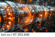 A futuristic technological device in the form of a long cylinder with a transparent shell, inside which numerous parts, mechanisms and luminous elements are visible. The interior space is filled with orange-yellow lights, creating a feeling of pulsation and movement of energy. This could be an energy module, a hyperdrive core or part of an interstellar reactor. The atmosphere of the scene is techno-cyberpunk, saturated with power and high technology. Стоковое AI-изображение, AI-художник Анна Кривицкая / Фотобанк Лори