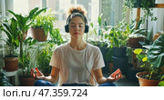 Meditation practice in a plant-filled room with calming music and peaceful ambiance. Стоковое AI-видео, аниматор Александр Довянский / Фотобанк Лори