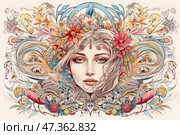 An exquisite, symmetrical illustration in the Art Nouveau style: in the center is the face of a young woman with expressive eyes, refined features and long wavy hair. Her hair flows into patterns of flowering plants, leaves, buds and decorative elements. Around her head is a wreath of flowers, the composition is dominated by shades of pink, blue, gold and soft beige. This is an image of nature, spring, a goddess or spirit of flowering. Стоковое AI-изображение, AI-художник Анна Кривицкая / Фотобанк Лори