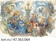 A fairytale scene, executed in the style of an elegant watercolor illustration. The composition is filled with soft blue-light blue and golden shades, creating a sense of wonder and magic. In the center are characters reminiscent of sages, wizards and noble ladies, dressed in richly decorated clothes. One of the elders holds a pen, the other extends his hand to the girl with the doll, as if giving her a blessing or a magical gift. Around are fantastic creatures, angelic figures, birds, flowers and architectural patterns, intertwined into a harmonious fairytale canvas. The atmosphere is festive, mystical, as if from a great tale or theatrical performance. Стоковое AI-изображение, AI-художник Анна Кривицкая / Фотобанк Лори