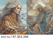 Two portraits of majestic women, executed in a fairy-tale, decorative and fantastic style with high attention to detail. Both heroines are depicted surrounded by mountain landscapes and complex ornaments, symbolizing the connection with nature and the elements.Left: A woman with long silver hair, dressed in a golden-ochre outfit with rich embroidery and patterns. Her gaze is directed downwards, her pose is calm and majestic. The background is snow-capped mountains, conveying a feeling of icy purity, strength and solitude.Right: A woman in a blue and gold robe, sitting in a frame of architectural and natural forms, reminiscent of an ornate portal. Her hair is decorated with a wreath or a tree, passing into the background, where rivers, hills and rocks create the illusion of unification with the landscape. The atmosphere is deep, symbolic and mystical. Стоковое AI-изображение, AI-художник Анна Кривицкая / Фотобанк Лори
