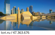 Abu Dhabi, United Arab Emirates - Jan 10 2024, Panoramic view of the square with the Al Musallah public space, built by the CEBRA, with skyscrapers in background, Abu Dhabi, United Arab Emirates. Редакционное фото, фотограф Сергей Богомяко / Фотобанк Лори
