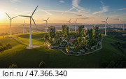 Экологичные здания с ветряными турбинами в Golden Hour, символизирующие экологичный образ жизни. Стоковое AI-изображение, AI-художник Виталий Самсонов / Фотобанк Лори