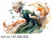 An expressive watercolour illustration of a young woman with flowing blonde hair and a green dress with frills and ruffles. She moves forward as if carried by the wind or an inner force. Around her is a swirl of colour: warm tones of ochre, terracotta and brown, creating a sense of magical energy, flame or emotion bursting forth. Her pose and facial expression convey determination, purpose, perhaps even a moment of transformation or liberation. Стоковое AI-изображение, AI-художник Анна Кривицкая / Фотобанк Лори