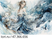 A beautiful girl in a light, airy dress of cold shades - white, blue, gray-blue. Her image seems to dissolve in the flow of the water element or a whirlwind of snow and ice. She seems magical, almost ephemeral - like the spirit of water, winter or dreams. Her gaze is thoughtful and soft, her hair flutters, emphasizing the movement and lightness of the entire scene. The artistic style is refined, romantic and poetic. Стоковое AI-изображение, AI-художник Анна Кривицкая / Фотобанк Лори