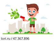 A young man shoots from a money pistol with gold bills. Стоковая иллюстрация, иллюстратор Вячеслав Беспутин / Фотобанк Лори
