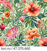 Colorful blooms come alive on the canvas, blending shades of pink, orange, and green. This artistic representation captures nature's beauty, perfect for brightening any space with joy Generative AI. Стоковое AI-изображение, AI-художник Юлия Петровская / Фотобанк Лори