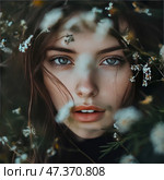 A large portrait of a girl looking straight into the camera. Her gaze is piercing, with bright blue eyes framed by thick eyelashes. Her lips are a natural peach shade and parted, her skin is lightly freckled. Around her face, stems and small white flowers are softly blurred, creating the impression that she is looking out from a forest thicket or a field. The composition is filled with natural beauty, silence and a deep atmosphere. Стоковое AI-изображение, AI-художник Анна Кривицкая / Фотобанк Лори