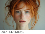 Portrait of a girl with bright red hair, green eyes and lots of freckles. Her gaze is direct, calm and a little thoughtful. Her hair is gathered in a slightly disheveled hairstyle, a few strands freely framing her face. Her skin is light, natural, her lips are a soft pink shade. The light, almost neutral background space emphasizes the expressiveness of her features and creates a feeling of lightness and sincerity. Стоковое AI-изображение, AI-художник Анна Кривицкая / Фотобанк Лори
