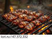Delicious grilled chicken wings. The meat is covered with a golden brown, caramelized crust, with characteristic grill marks in places. Juicy and flavorful, it is slowly cooked over an open fire, releasing smoke and a tempting aroma. Flames and coals create the atmosphere of a cozy picnic or a summer evening in nature. It is clear that the wings are generously covered with marinade or barbecue sauce, giving them a rich color and shine. Стоковое AI-изображение, AI-художник Анна Кривицкая / Фотобанк Лори