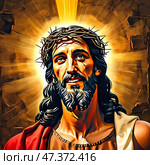 In a celestial setting, a joyful Jesus Christ smiles warmly, exuding compassion and serenity, surrounded by golden light, symbolizing love and hope throughout time Generative AI. Стоковое AI-изображение, AI-художник Юлия Петровская / Фотобанк Лори