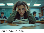 Стресс у студентки, подавленной школьной работой в классной обстановке. Стоковое AI-изображение, AI-художник Елена Болотина / Фотобанк Лори