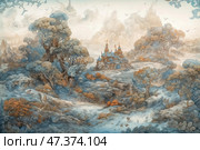 A magical fairytale landscape in soft pastel colors. In the center of the composition is a castle with towers, standing among hills and dense forest. Winding paths lead to it, framed by trees with blue and orange crowns. The scene itself is permeated with a fairytale atmosphere, like an illustration to a magic book - with rocks, fantastic clouds and mysterious shapes of trees. The picture is reminiscent of classic European fairy tales, mixed with elements of Slavic folklore. Стоковое AI-изображение, AI-художник Анна Кривицкая / Фотобанк Лори
