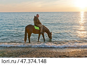 Черное море, осень, закат солнца, конь,  Краснодарский край, Туапсинский район, Михайловская бухта. Стоковое фото, фотограф Александр Циликин / Фотобанк Лори