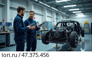 Engineers Discuss Vehicle Prototypes in a Modern Automotive Workshop While Examining Technical Details. Стоковое AI-изображение, AI-художник Sergey Grishin / Фотобанк Лори