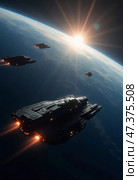 Four sleek spaceships navigate the cosmos, their lights glowing brightly against the darkness. A breathtaking sunrise hints at new adventures waiting beyond the earth Generative AI. Стоковое AI-изображение, AI-художник Юлия Петровская / Фотобанк Лори
