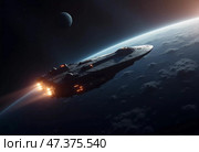 Spaceships traverse the vastness of the cosmos, their engines aglow against the dark canvas of space. Between planets and swirling clouds, they embark on a journey beyond imagination Generative AI. Стоковое AI-изображение, AI-художник Юлия Петровская / Фотобанк Лори