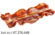 Crispy bacon strips cooked to perfection on a white surface. Хрустящие полоски бекона, приготовленные до совершенства на белой поверхности. Стоковое AI-изображение, AI-художник Katsiaryna Repich / Фотобанк Лори