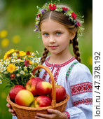 A little girl in a Russian sarafan with a basket of fresh ripe apples. August 19 – Transfiguration of the Lord, or Apple Savior – one of the first harvest holidays; the day from which, according to legend, nature moved from summer to autumn and winter. Стоковое AI-изображение, AI-художник Сергей Елизарьев / Фотобанк Лори