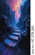 Majestic Staircase Leading Through a Mystical Canyon Filled With Vibrant Colors and Cosmic Light at Dusk. Стоковое AI-видео, аниматор Оксана Медведева / Фотобанк Лори