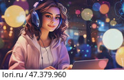 Online education concept. Online lesson. Girl studying at home. Education. Gamer playing games on computer, DJ, HR, work in call center, support. Стоковое AI-видео, аниматор ALLA YURTAYEVA / Фотобанк Лори