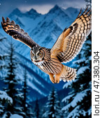 The eagle owl (Lat. Bubo bubo, Old Russian: pugač - literally "frightening, terrible") is a species of bird of prey from the owl family, one of the largest representatives of the order of owls. The most characteristic features include a massive "barrel-shaped" body type, loose plumage with a predominance of reddish and ocher shades, bright orange eyes and tufts of elongated feathers above them (the so-called "feather ears"). Стоковое AI-изображение, AI-художник Сергей Елизарьев / Фотобанк Лори