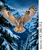 The eagle owl (Lat. Bubo bubo, Old Russian: pugač - literally "frightening, terrible") is a species of bird of prey from the owl family, one of the largest representatives of the order of owls. The most characteristic features include a massive "barrel-shaped" body type, loose plumage with a predominance of reddish and ocher shades, bright orange eyes and tufts of elongated feathers above them (the so-called "feather ears"). Стоковое AI-изображение, AI-художник Сергей Елизарьев / Фотобанк Лори