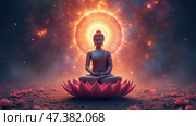 Buddhist monk is sitting on a lotus flower in a field of flowers. Стоковое AI-изображение, AI-художник Sergey Grishin / Фотобанк Лори