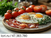 Fried eggs and bacon for breakfast in a gray ceramic plate on a table. Traditional American Breakfast with fried eggs, ham, fresh tomatoes and cress served in a diner. Keto diet. Стоковое AI-изображение, AI-художник Марина Демидюк / Фотобанк Лори