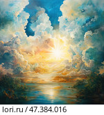 A picturesque and inspiring painting depicting sunrise or sunset over a body of water. At the center of the composition is a bright, dazzling sun breaking through massive, fluffy clouds painted in shades of gold, peach, turquoise and blue. The sky seems to breathe with light and energy, reflected in the calm water below. On the sides, dark silhouettes of trees are visible, giving depth and contrast to the scene. This work combines elements of Romanticism and Impressionism, evoking a sense of the sublime, hope and inner peace. Стоковое AI-изображение, AI-художник Анна Кривицкая / Фотобанк Лори