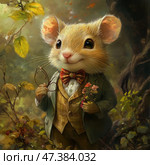 A charming anthropomorphic mouse standing in the forest. He is dressed in a vintage suit: a green jacket, a plaid vest, a shirt and a bow tie. In one paw he holds glasses, in the other - a bouquet of wild flowers. His look is good-natured and a little dreamy, and the scene itself is filled with coziness, warmth and the atmosphere of a kind fairy tale. The illustration is made in a highly detailed digital painting style, with soft light, fur and forest textures, which makes it ideal for children's books, postcards and fantasy art. Стоковое AI-изображение, AI-художник Анна Кривицкая / Фотобанк Лори
